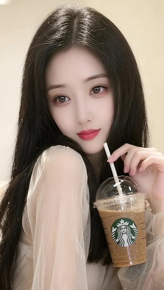 长发美女手机壁纸｜薄纱背景图 - 星巴克饮品「哲风壁纸」