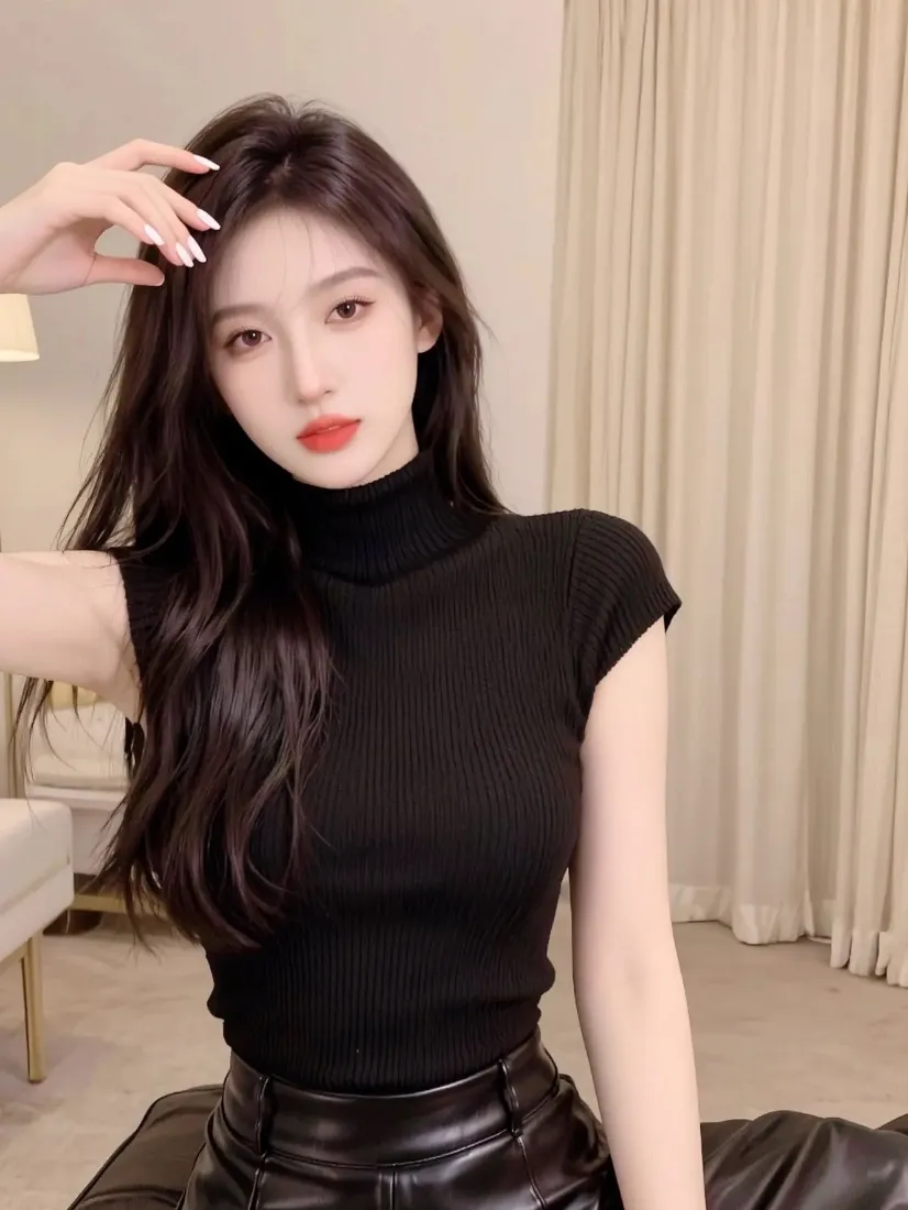 长发美女手机壁纸｜室内背景 - 黑色穿搭美女「哲风壁纸」