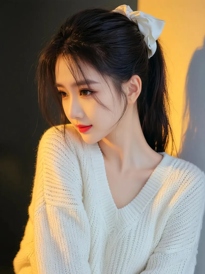 白衣美女手机壁纸｜暖光背景图 - 长发扎发「哲风壁纸」