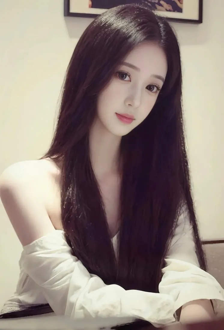 长发美女手机壁纸｜室内背景图片 - 白衣红唇「哲风壁纸」