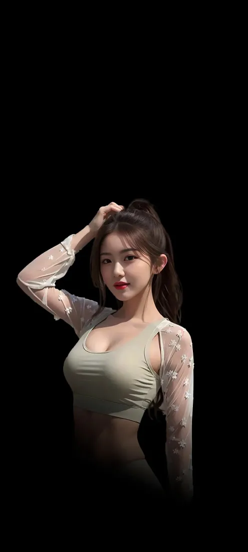 红唇美女手机壁纸｜黑色背景图片 - 紧身衣透明袖「哲风壁纸」