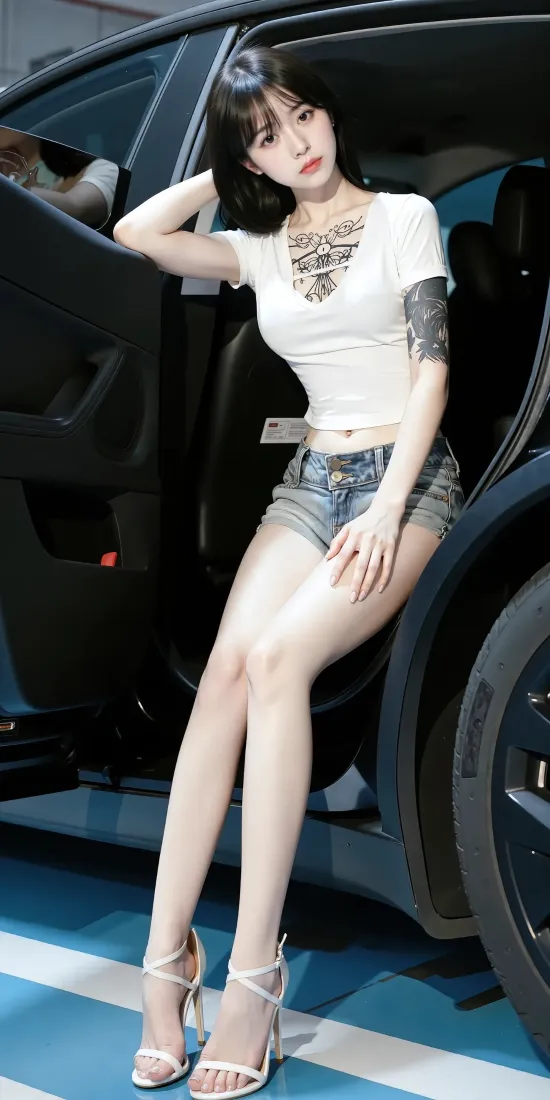 白衣美女手机壁纸｜汽车背景图片 - 牛仔短裤车模「哲风壁纸」