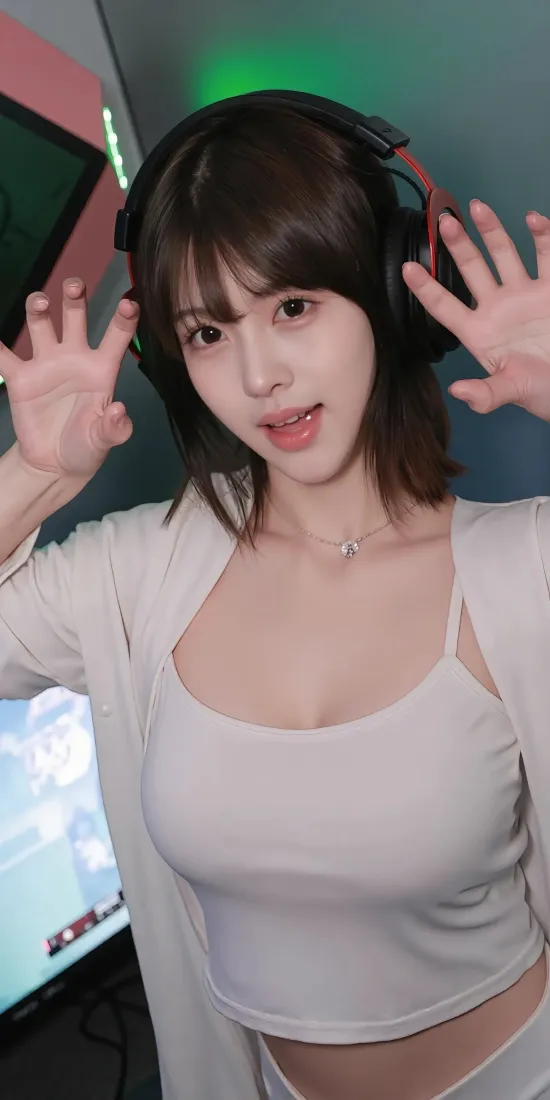 戴耳机美女手机壁纸｜白衣背景图 - 电竞风格「哲风壁纸」