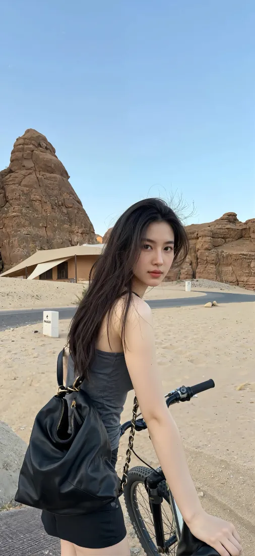 黑衣美女手机壁纸｜沙漠背景图片 - 户外旅行风景「哲风壁纸」