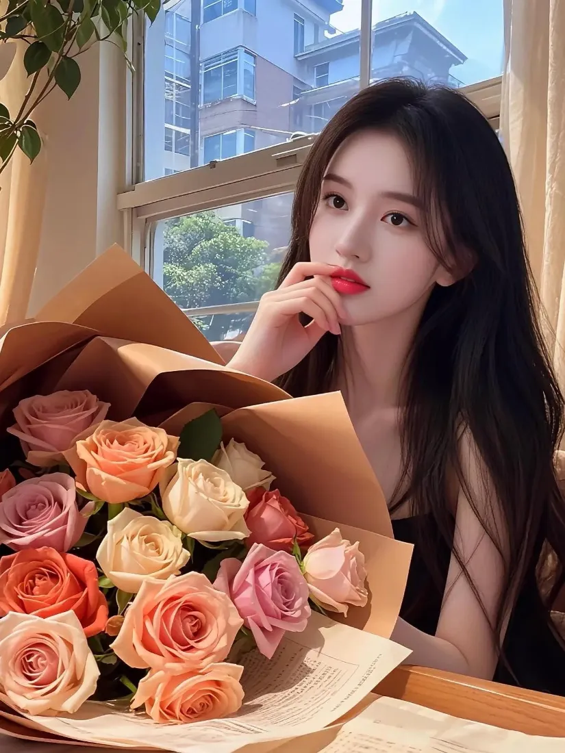 长发美女手机壁纸｜花束背景图片 - 室内窗台「哲风壁纸」