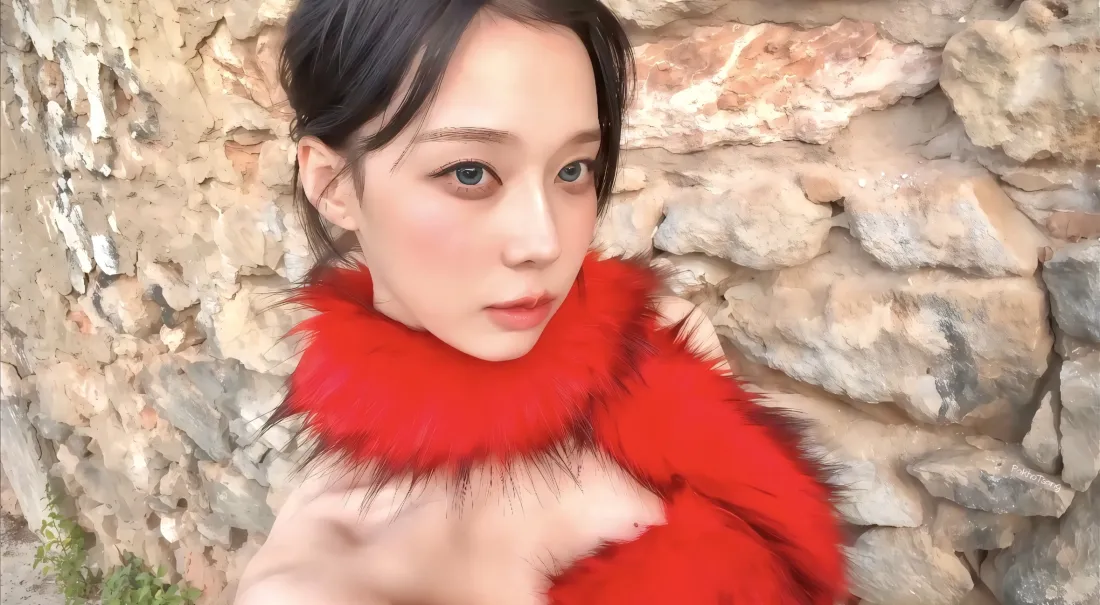 2k金玟庭壁纸｜石墙背景图片 - 红色猫猫围巾「哲风壁纸」