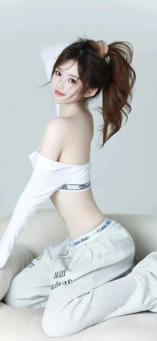 白衣美女手机壁纸｜简约背景图片 - 高马尾穿搭「哲风壁纸」