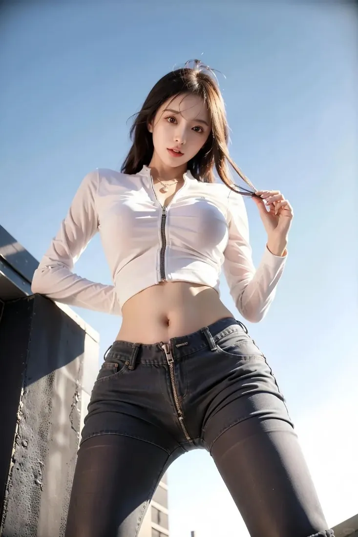 白衣美女手机壁纸｜蓝天背景图 - 黑色紧身裤「哲风壁纸」