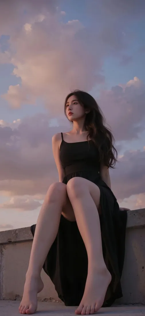 黑衣美女手机壁纸｜黄昏粉云背景图 - 赤脚户外「哲风壁纸」