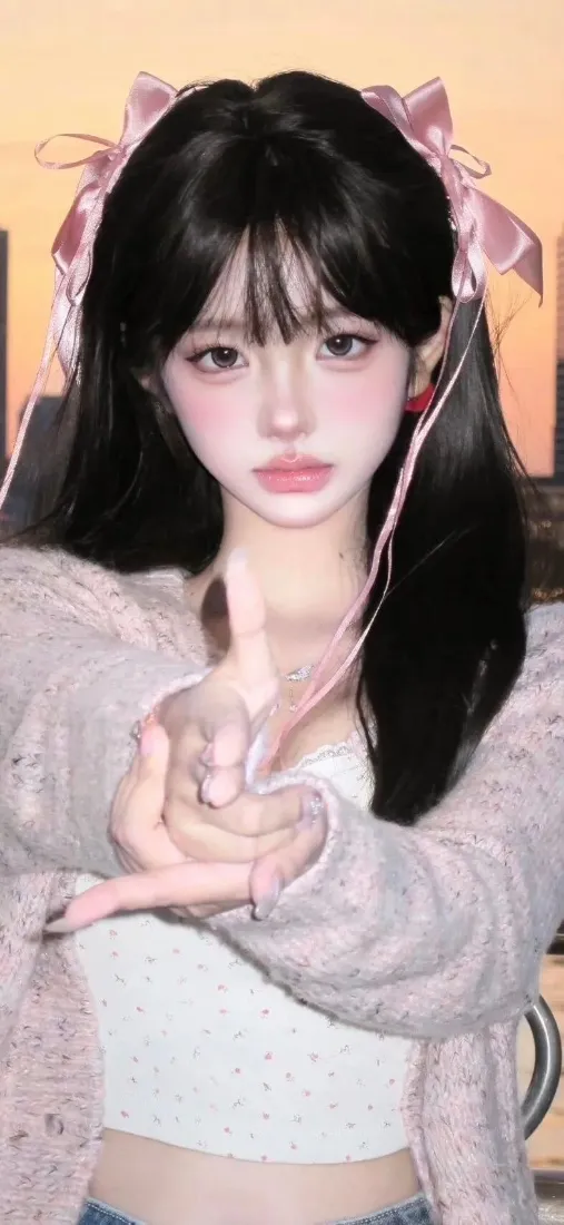 美女粉色发饰手机壁纸｜浅粉外套背景图 - 甜美风格「哲风壁纸」