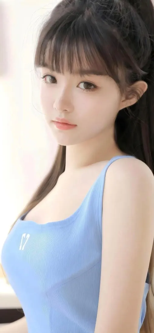 蓝色吊带美女手机壁纸｜室内背景 - 清新甜美气质「哲风壁纸」