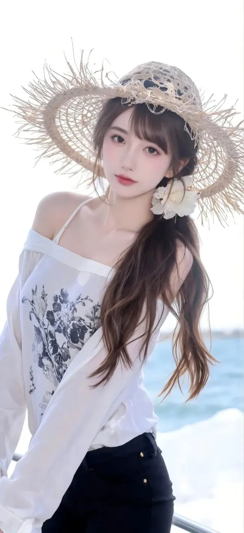 草帽美女手机壁纸｜海边背景图片 - 夏日清新「哲风壁纸」