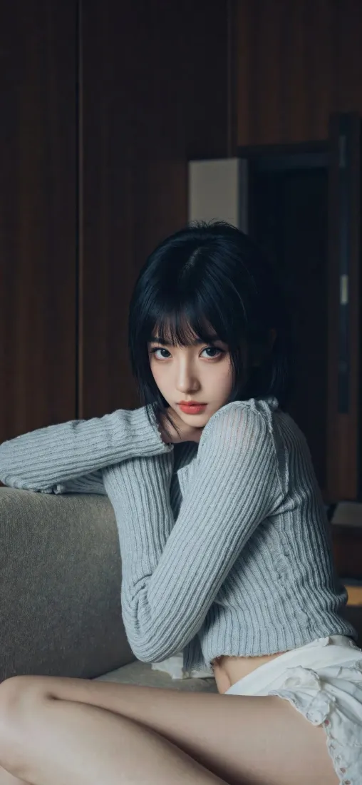 美女手机壁纸｜居家背景图片 - 灰色针织衫短裤「哲风壁纸」