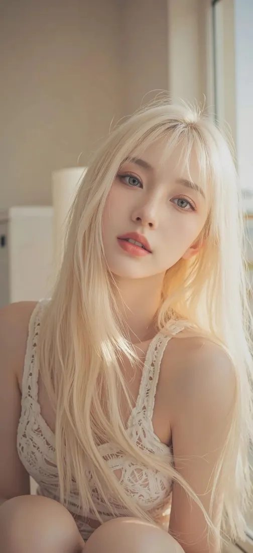 金发美女手机壁纸｜室内背景图片 - 白衣精致妆容「哲风壁纸」
