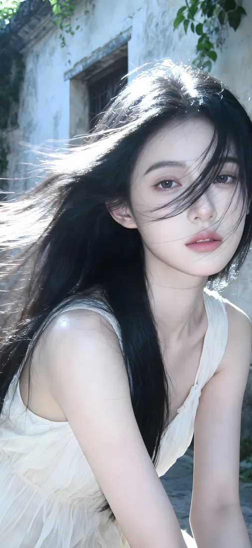 白衣美女手机壁纸｜旧建筑背景图片 - 风吹发丝「哲风壁纸」