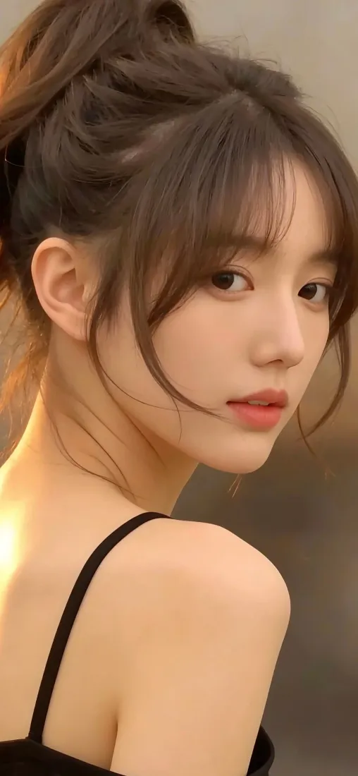 高马尾美女手机壁纸｜黑色吊带背景 - 暖光侧脸「哲风壁纸」
