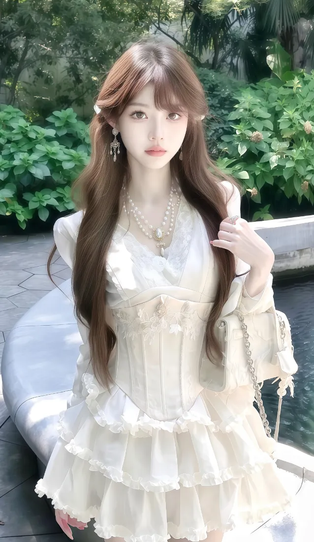 白衣美女手机壁纸｜绿植背景图片 - 优雅连衣裙「哲风壁纸」