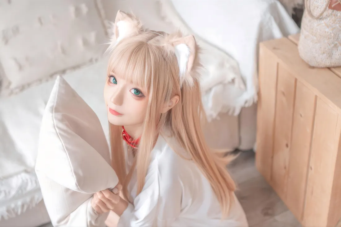 8k猫耳少女壁纸｜居家居室背景 - cosplay白衣写真「哲风壁纸」