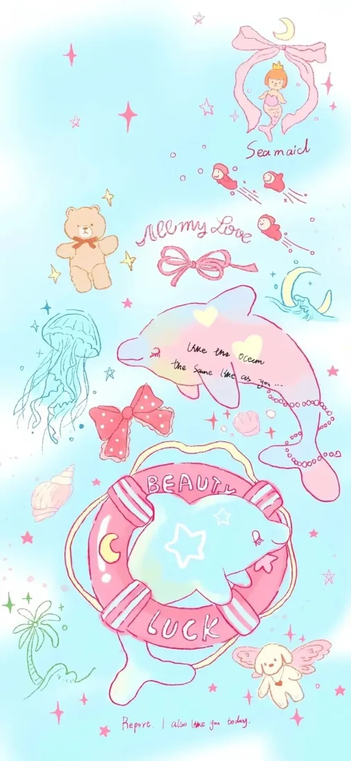 海豚手机壁纸｜梦幻背景图片 - 粉色游泳圈小熊「哲风壁纸」