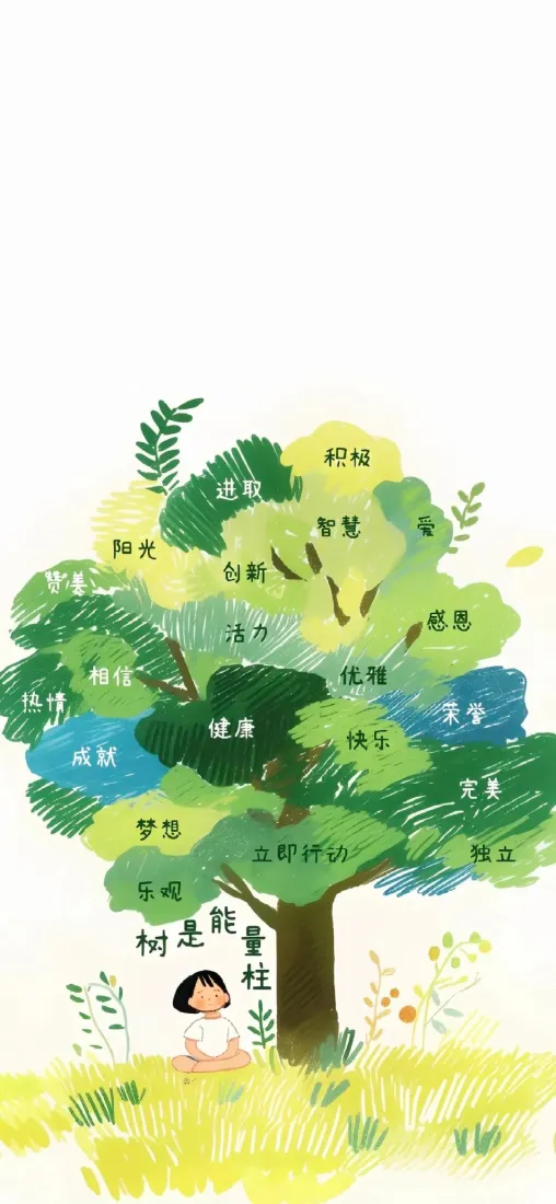 手绘大树小孩手机壁纸｜自然背景图片 - 童趣插画「哲风壁纸」