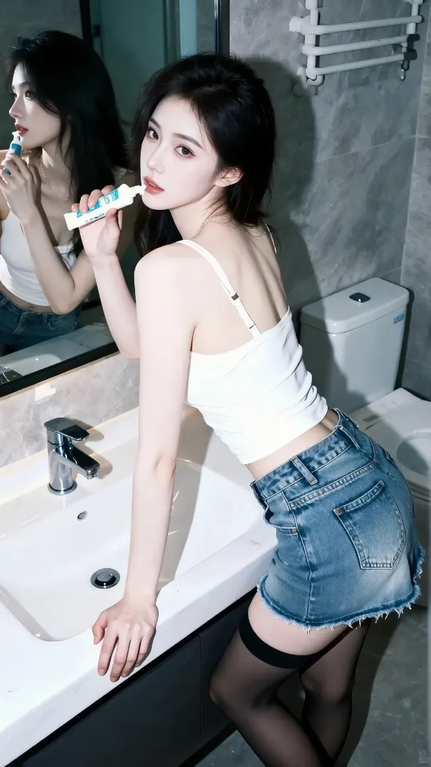 白衣美女手机壁纸｜浴室背景图片 - 黑丝牛仔短裙「哲风壁纸」