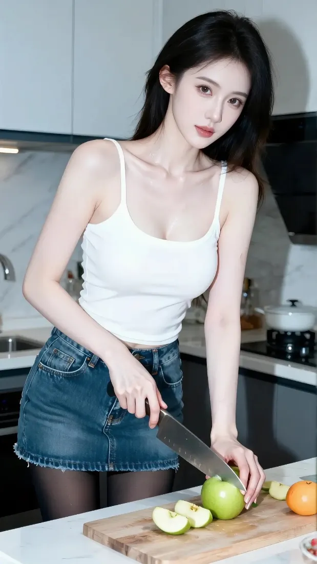 白衣美女手机壁纸｜厨房背景图片 - 切水果「哲风壁纸」