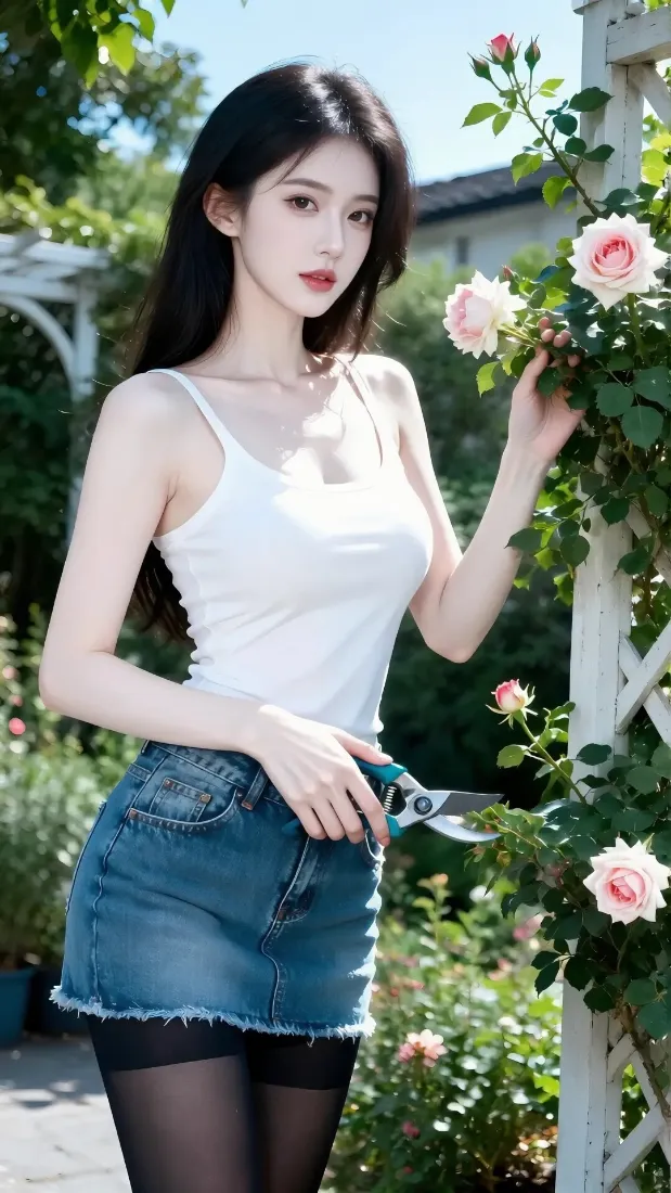 白衣美女手机壁纸｜玫瑰花园背景图 - 黑丝牛仔裙「哲风壁纸」