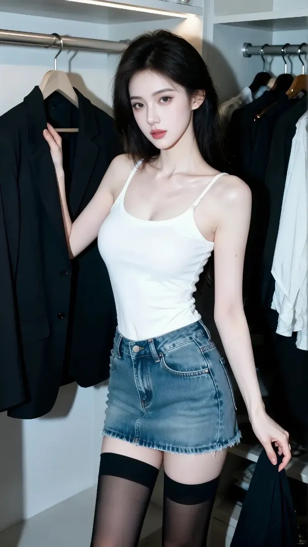 白衣美女牛仔短裙手机壁纸｜衣帽间背景图片 - 黑色长袜「哲风壁纸」