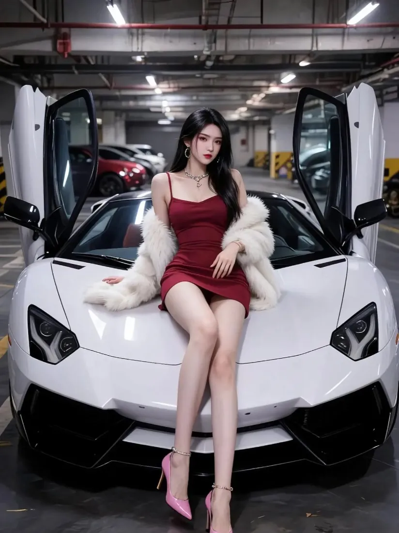红衣美女手机壁纸｜白色跑车背景 - 停车场「哲风壁纸」