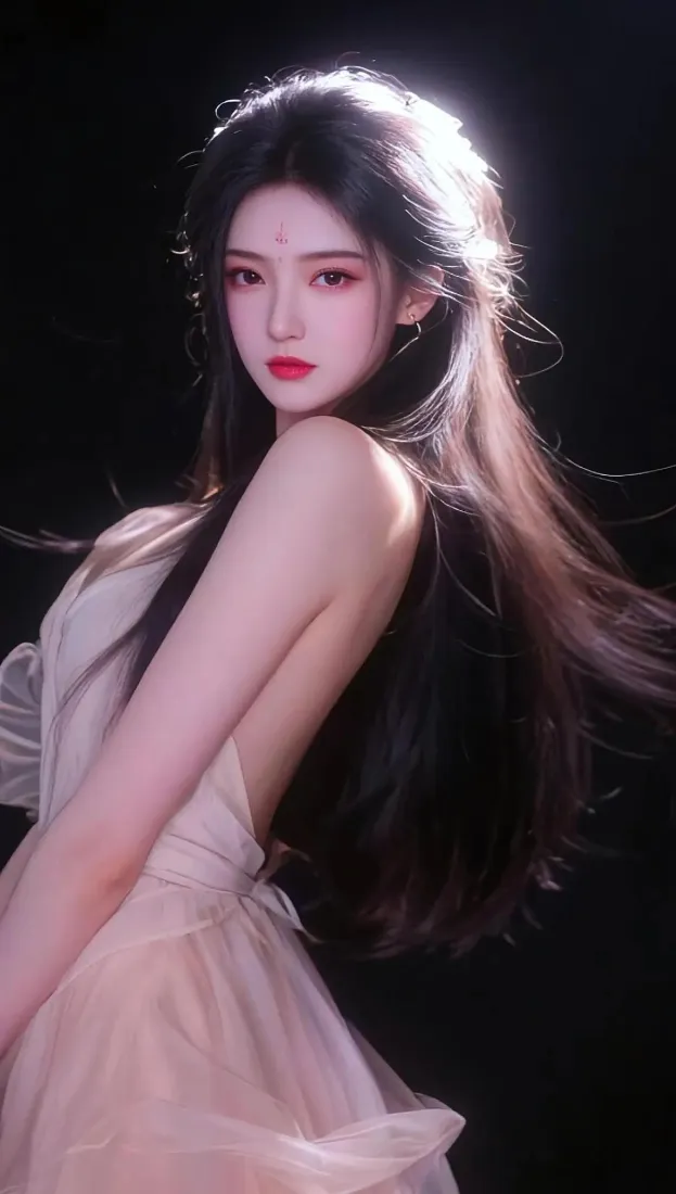 长发美女手机壁纸｜黑色背景图片 - 露背纱裙「哲风壁纸」