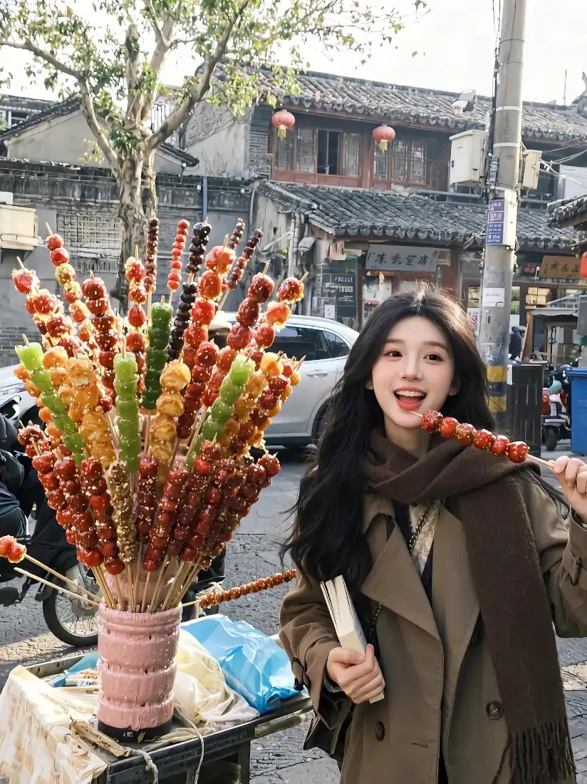 美女糖葫芦手机壁纸｜古街背景图片 - 棕色风衣微笑「哲风壁纸」