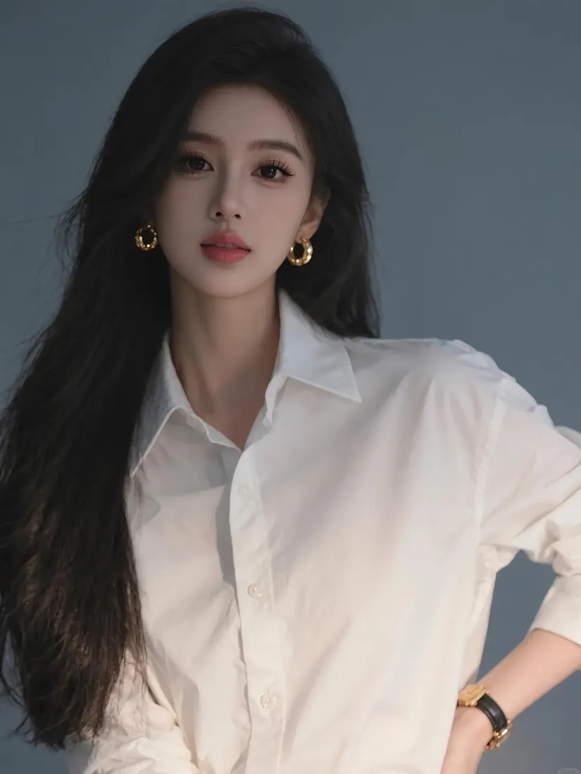 长发美女手机壁纸｜灰色背景图片 - 白衬衫穿搭「哲风壁纸」