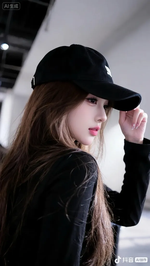 黑衣美女手机壁纸｜室内背景图片 - 黑帽红唇「哲风壁纸」