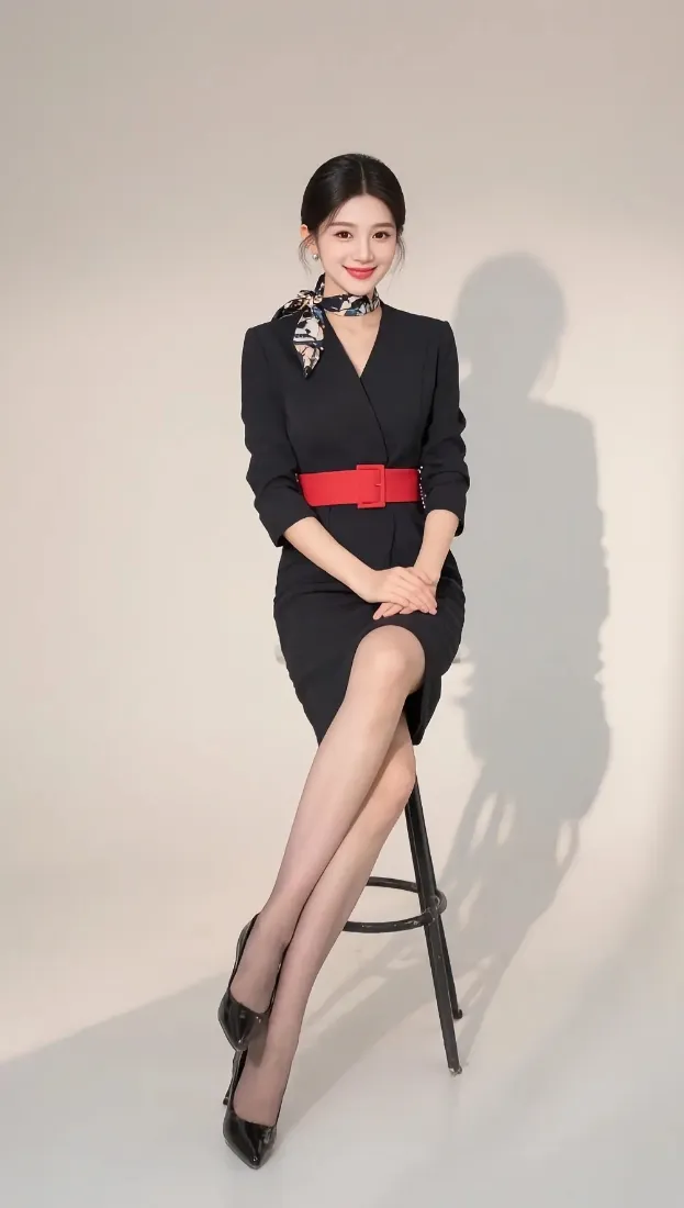 职业装美女手机壁纸｜简约背景图片 - 红色腰带黑丝「哲风壁纸」