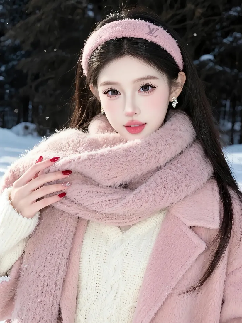 粉色围巾美女手机壁纸｜雪地背景图片 - 冬季穿搭「哲风壁纸」
