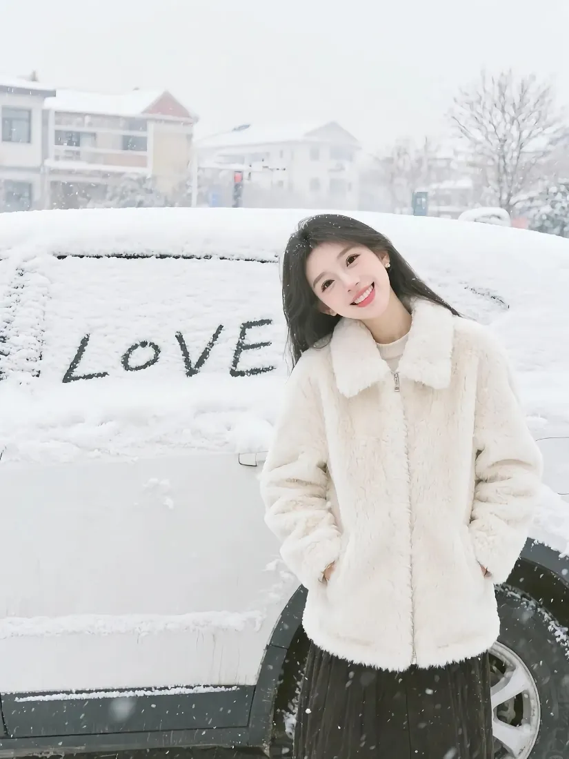 雪景美女手机壁纸｜雪地汽车背景 - 冬日LOVE「哲风壁纸」