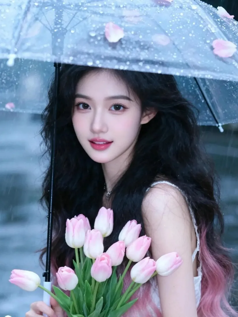 黑粉渐变长发美女手机壁纸｜水边背景图片 - 粉色郁金香「哲风壁纸」