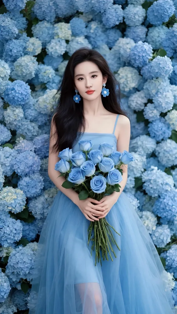 蓝色纱裙美女手机壁纸｜蓝色绣球花背景图片 - 魅力/迷人「哲风壁纸」