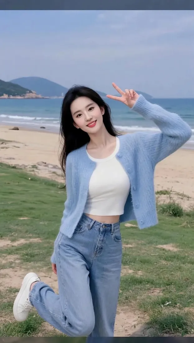 蓝衣美女手机壁纸｜海边草地背景图片 - 休闲穿搭「哲风壁纸」