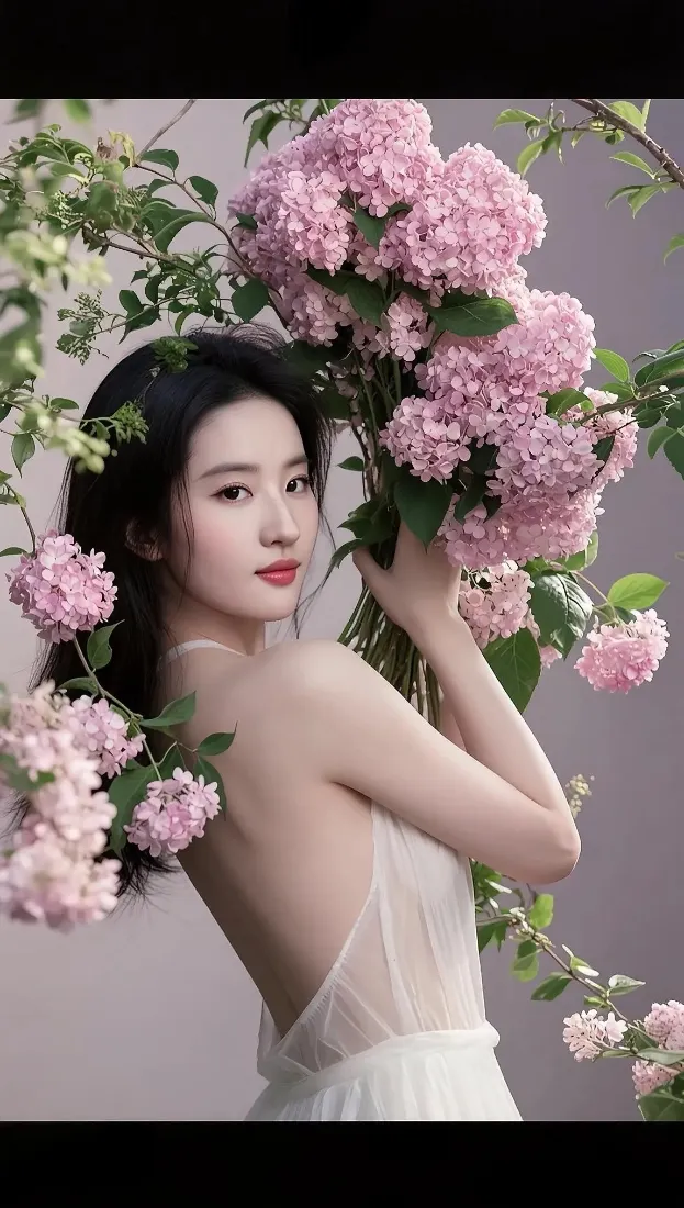 刘亦菲手机壁纸｜粉色花卉背景图片 - 白色礼服「哲风壁纸」