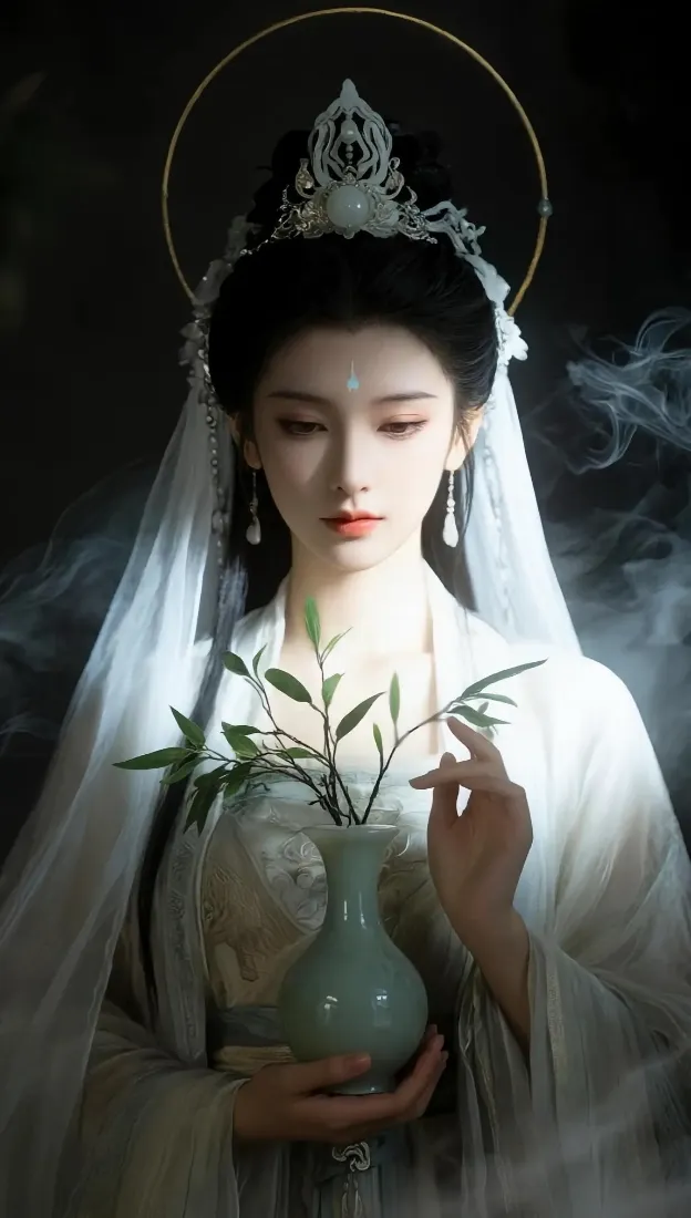 古风美女手机壁纸｜古典背景图片 - 白衣青瓷瓶竹叶「哲风壁纸」