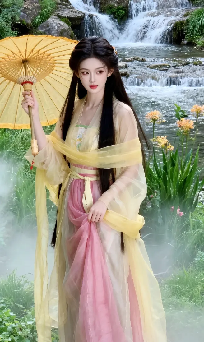 古风美女手机壁纸｜瀑布花草背景图片 - 油纸伞古装「哲风壁纸」