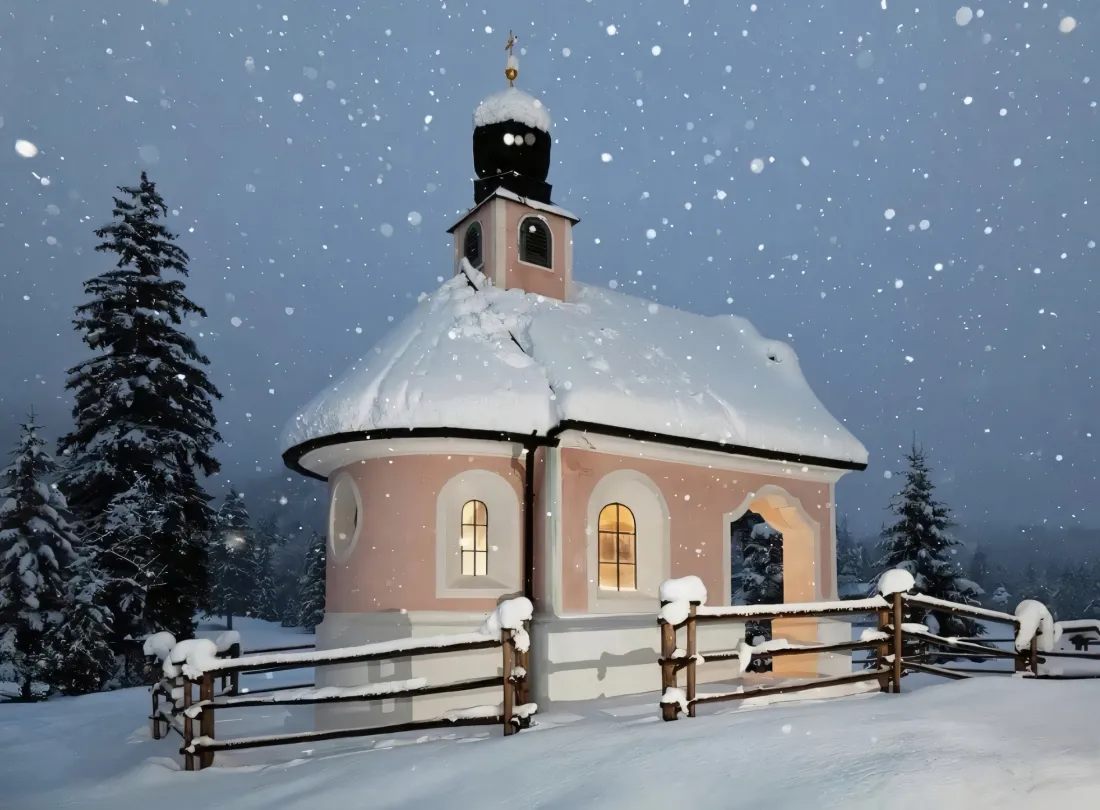 2k粉色房屋雪景壁纸｜下雪背景图 - 冬日松树「哲风壁纸」