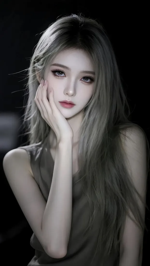 灰发美女手机壁纸｜暗色背景图片 - 气质美女「哲风壁纸」