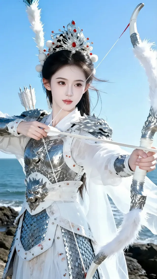 古装铠甲美女手机壁纸｜海边蓝天背景 - 弓箭古风「哲风壁纸」