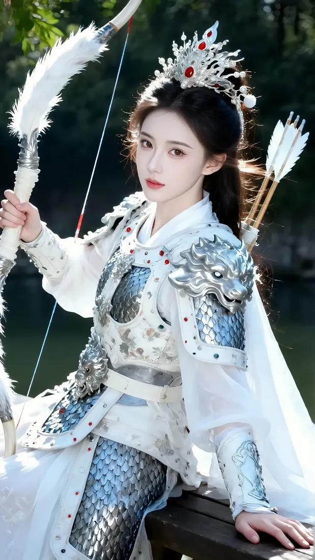 古装美女手机壁纸｜古风铠甲背景 - 白衣弓箭「哲风壁纸」