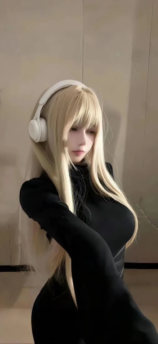 金发美女手机壁纸｜耳机背景图片 - 黑色紧身衣「哲风壁纸」