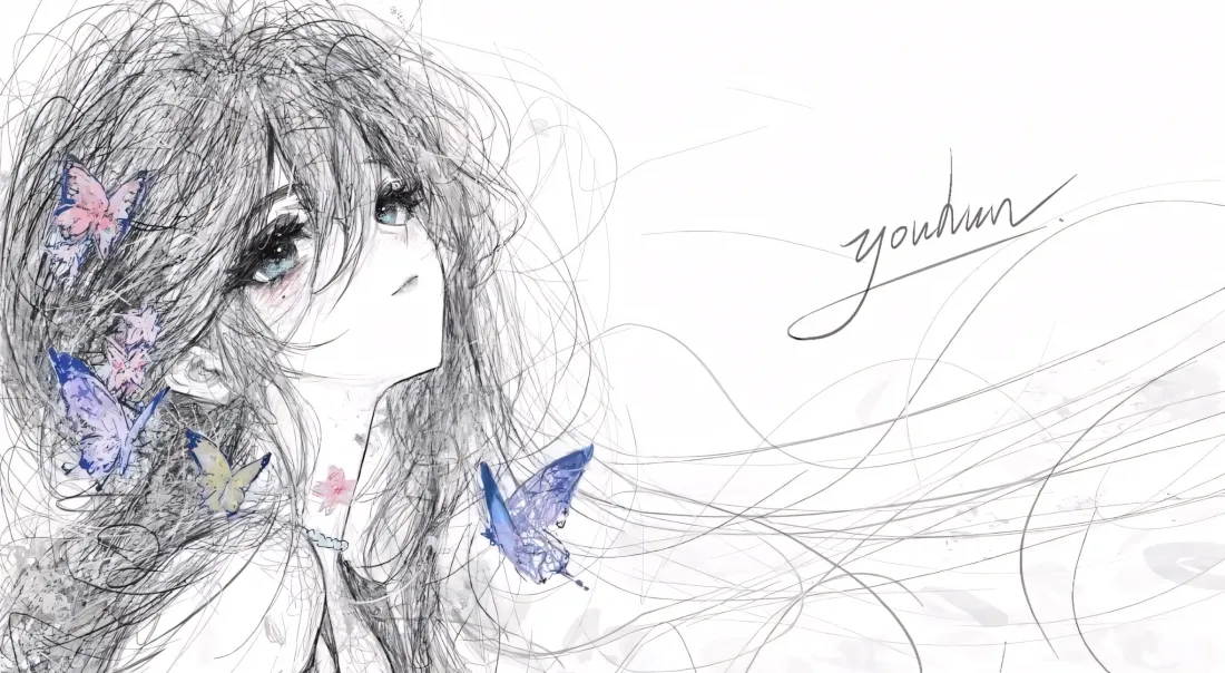 2k蓝眼女孩线稿壁纸｜蝴蝶背景图片 - 手绘插画「哲风壁纸」