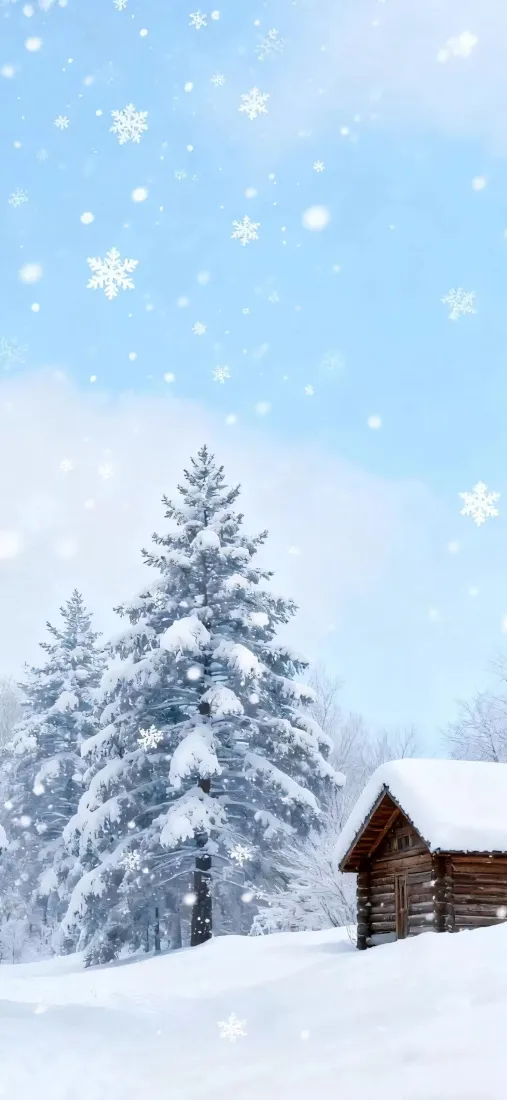 雪景手机壁纸｜雪地背景图 - 松树雪花小木屋「哲风壁纸」