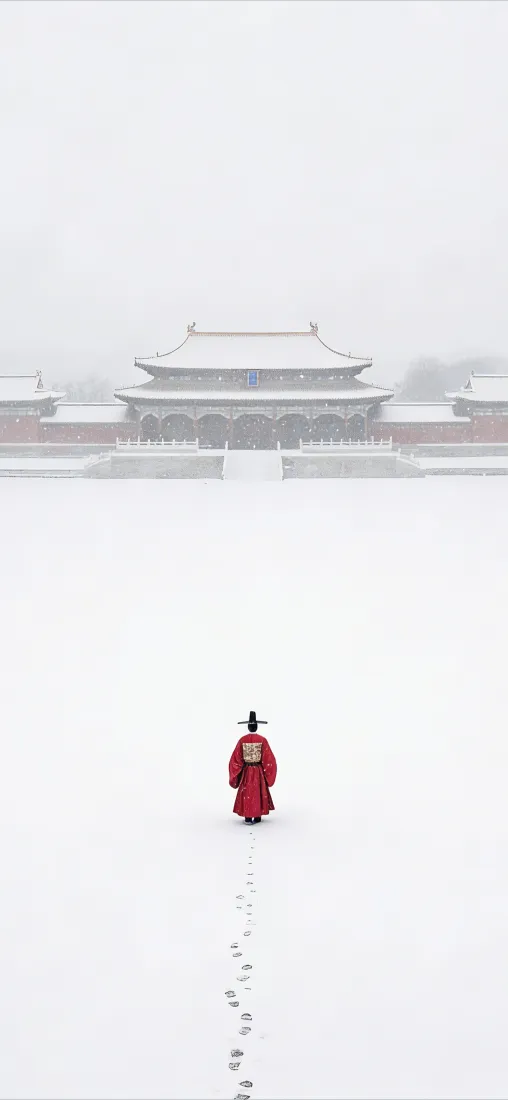 故宫雪景红衣人物手机壁纸｜白雪背景 - 中式建筑「哲风壁纸」